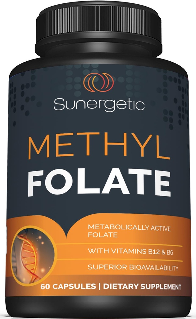 Sunergetic Premium metil Folat dodatek – z metiliranim vitaminom B12 in vitaminom B6 – Metabolično aktiven Folat kot Magnafolat - metilfolat 400 mcg na kapsulo – 60 kapsul