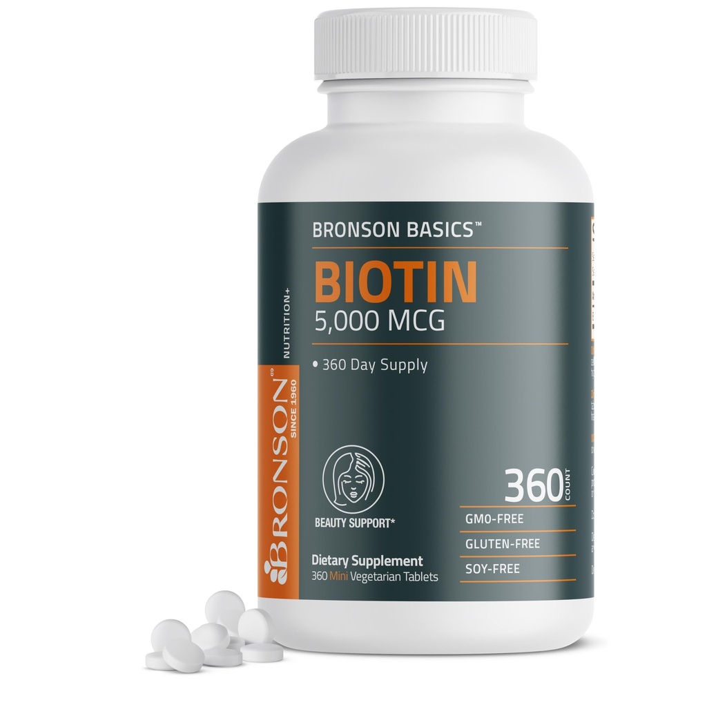 Bronson Biotin 5.000 MCG podpira zdrave lase, kožo in nohte in proizvodnjo energije - Visoka moč lepotna podpora - Non-GMO, 360 vegetarijanske tablete