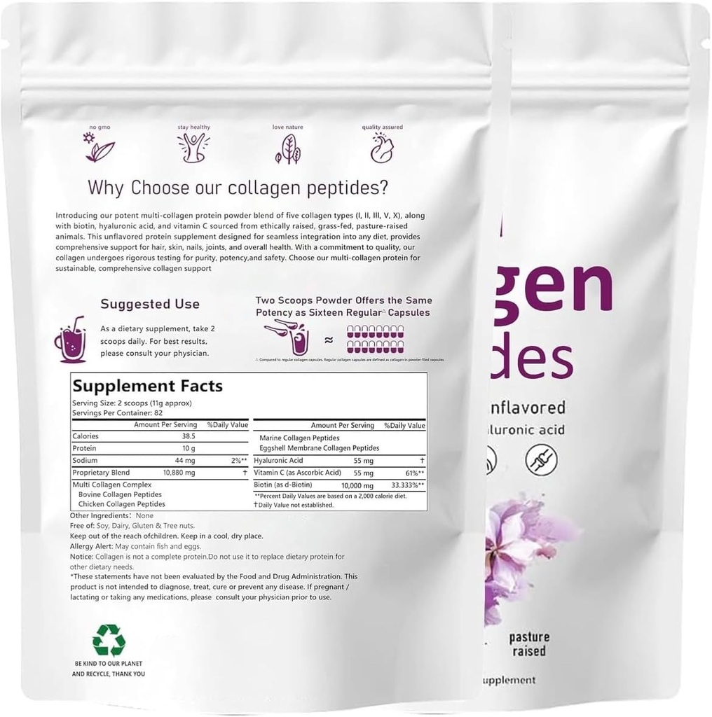 več kolagenskih peptidov, tip I, II, III, V, X, nearomatizirani, 1 lb (453,6 g), z biotinom, vitaminom C, hialuronsko kislino, hranjenim s travo, pastorejam