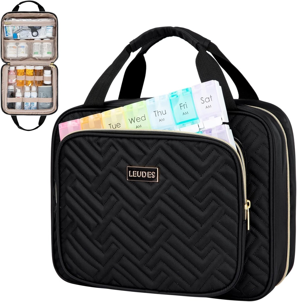 Leudes Travel tablete Organizator,Medicine Organizator in shranjevanje, Domov Medication Bag, Primeri,Carrier za tablete,Vitamin,Ribje olje,Dodatki za ženske in moške (Velika, Črna)