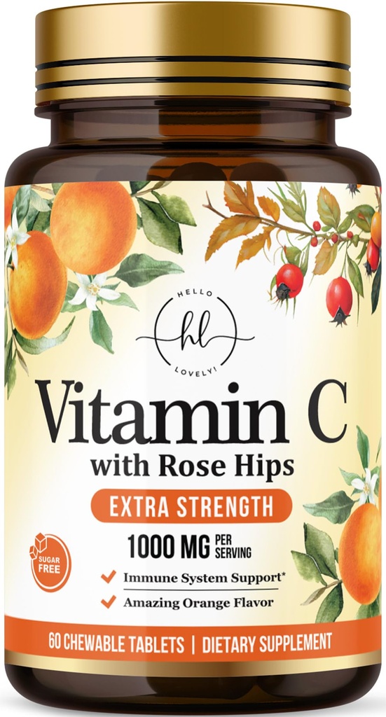 Vitamin C dodatek 1000mg - Dodatna moč z bioflavonoidi vrtnic - brez sladkorja Vitamin C Žvečljive tablete, Vit C narave za imuno podporo in zaščito antioksidant - 60 žvečljive tablete