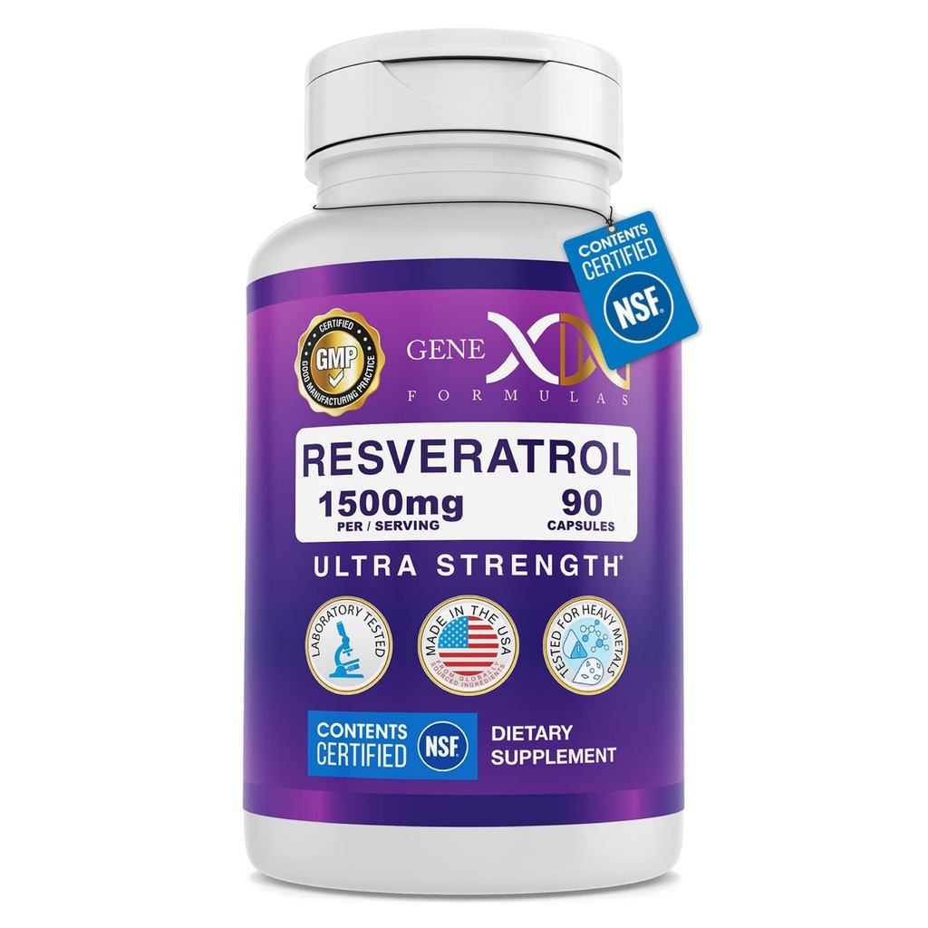 Genex Formule Resveratrol 1500 mg Dodatek za zdravo staranje – NSF Certified for Safety, Quality & Label Accuracy – Potent Antioksidant in zdravo staranje Formula - Gluten Free 90 Count