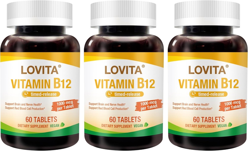 Lovita Vitamin B12 1000 mcg (B12 Vitamini kot Cyanocobalamin), čas sprostitve B12, Vegan-prijazno, Podpira živčni sistem, 60 Vegetarian tablete (2 mesec dobave) (Pack 3)