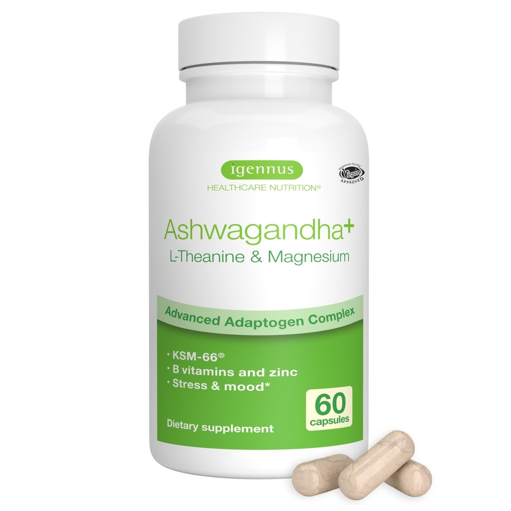 Igennus Visoka moč Ashwagandha Stress Relief Complex, L-Theanine & Magnezij & KSM-66 Root Extract Adaptogeni, Metilirani B vitamini, mirno in spanje podpora, Čista nalepka, 60 hitro delujoče kapsule