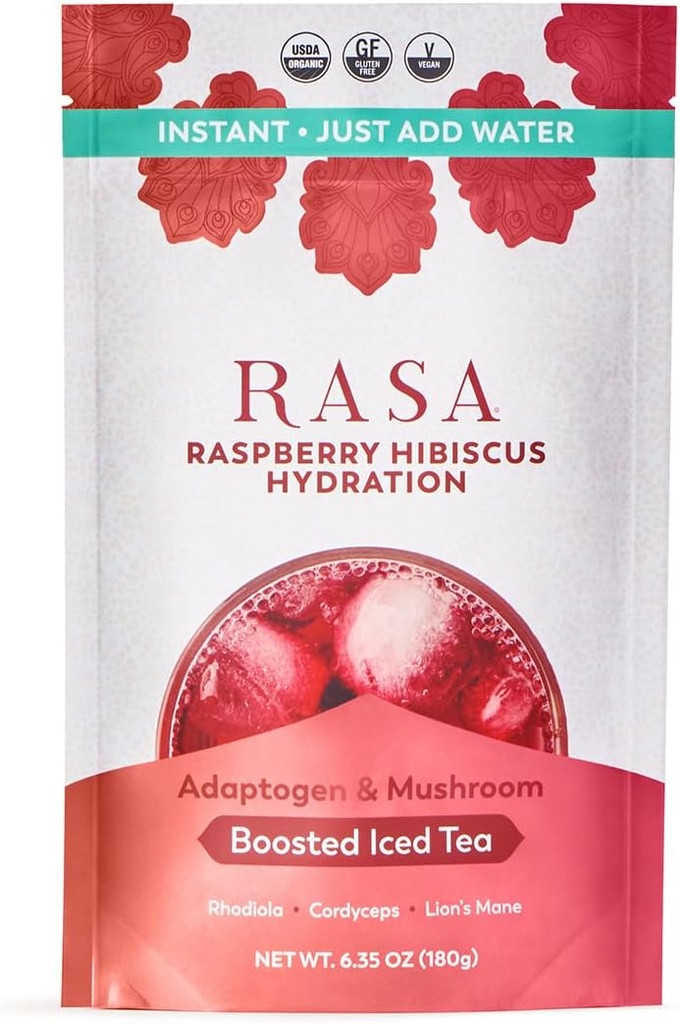 Rasa Raspberry Hibiscus Hydration | Organic Boosted Iced Tea with Adaptogens and Mushrooms | Gluten-Free, Premium Electrolyte Powder Drink Mix, Refreshing Hydration (6 oz / 24 Servings)