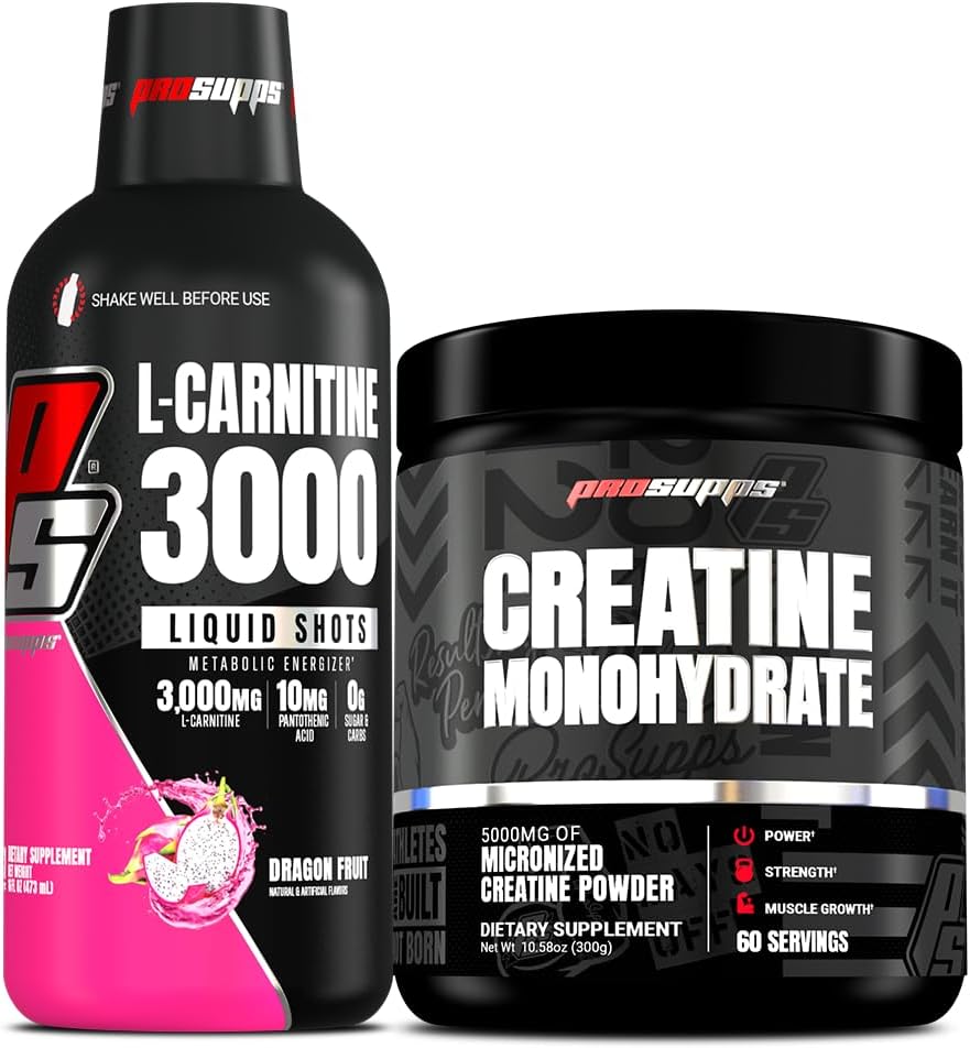 PROSUPPS L-karnitin 3000 brez stimulantnih tekočinskih strelov (31 strežnikov, zmajevega sadja) in kreatina 300 monohidrata (60 strežnic)