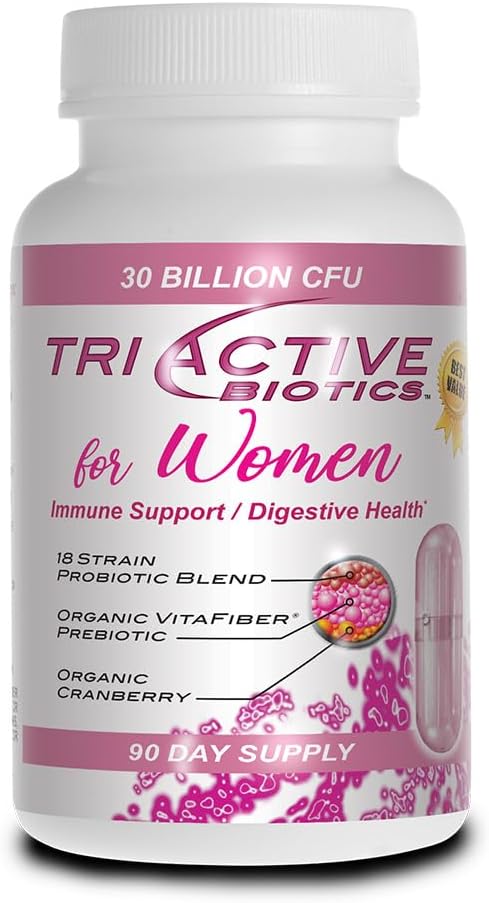 Triaktivna biotika Essential Source za ženske - probiotiki za ženske z 18 sevi, Organic VitaFiber Prebiotic & Cranberry za prebavno podporo, Imuna Defense, urinarno, vaginalno zdravje - 90 kapsul