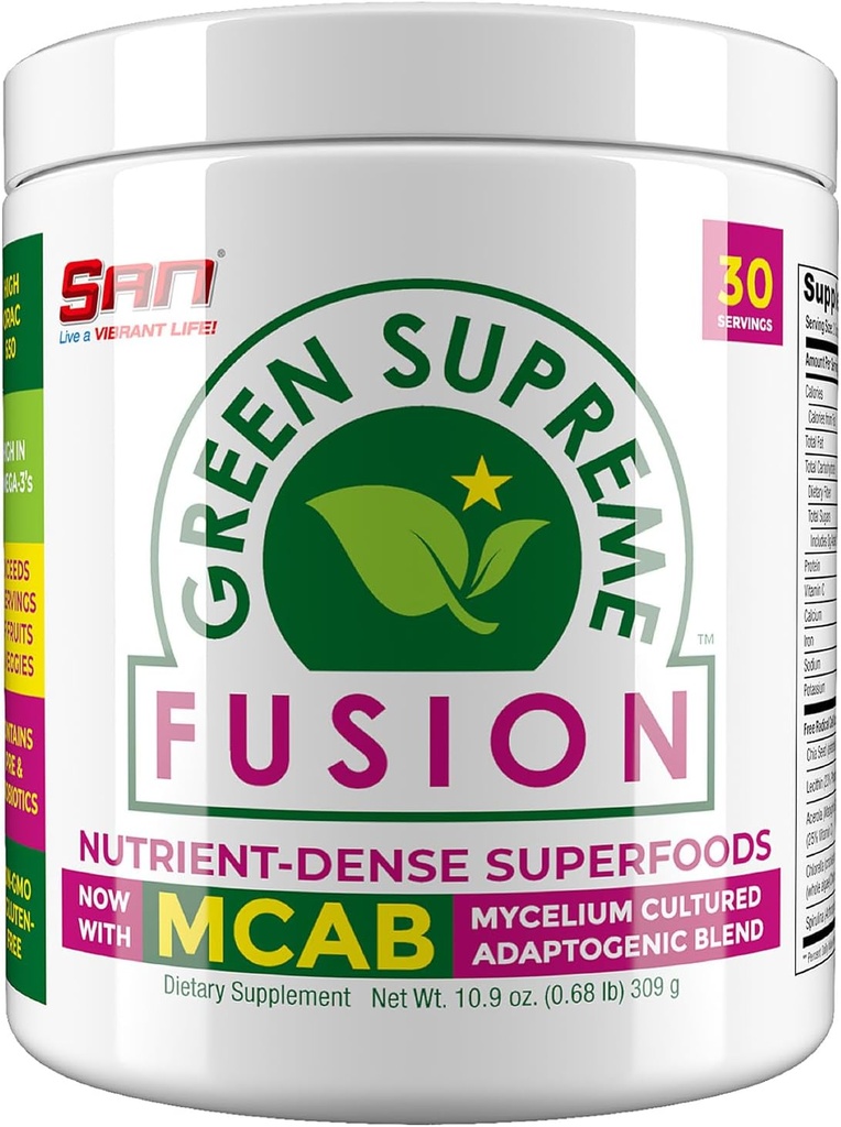 SAN Nutrition's Green Supreme Fusion Mešanica antioksidant: Super Greens Smoothie Mix z Spirulina, Klorella, Adaptogene gobe, 30 Serving