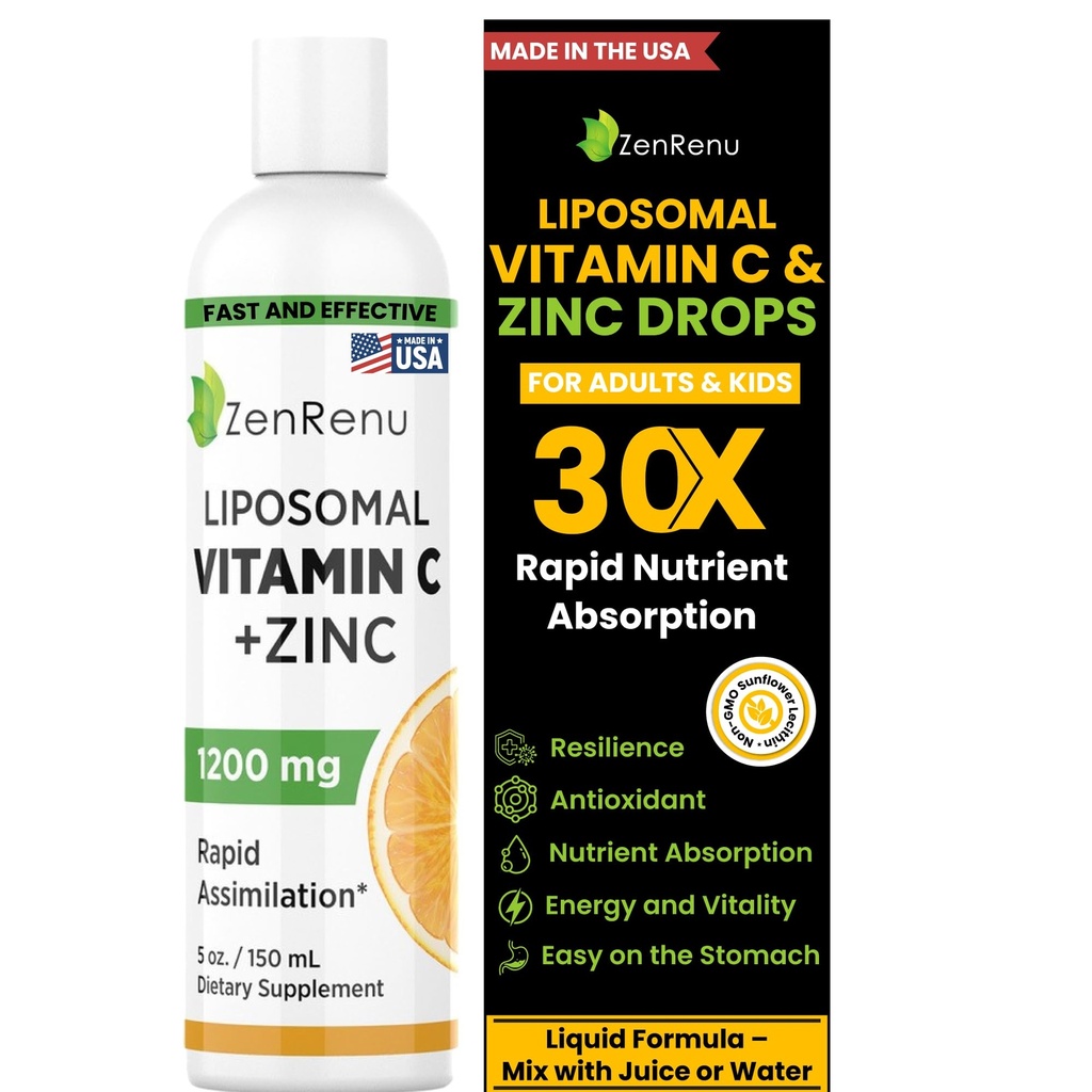 Zenrenu Liposomski vitamin C in cinkov tekoči napitek za odrasle in otroke - ne GSO sončnični lecitin - Max Antioksidant & Imunska podpora, 5 oz / 150 ml