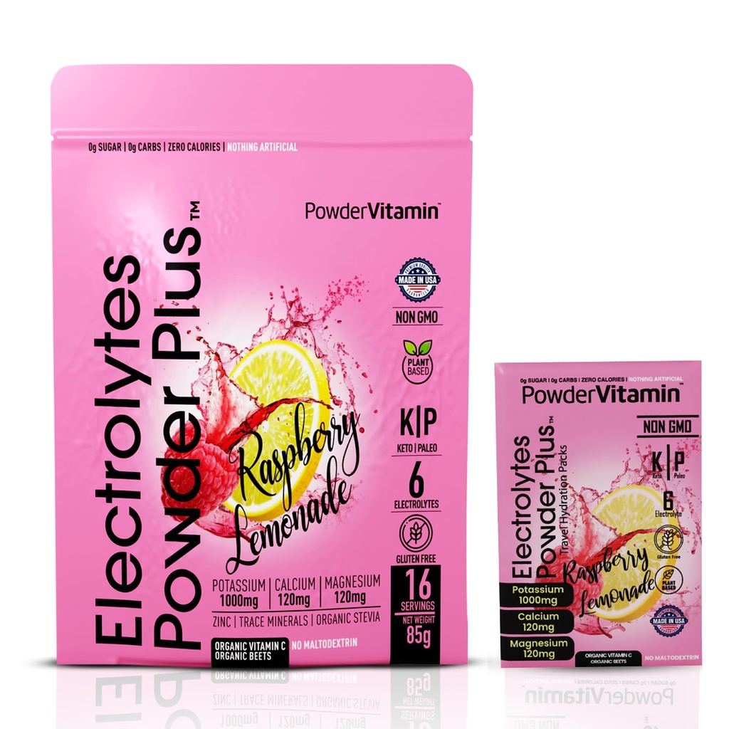 PrašekVitamin Elektroliti powder Plus, Keto, malina limonada, sladkor prost, roza himalajska sol, 1000mg kalij, 120mg kalcij, 120mg magnezij, ne-GMO, nič kalorij, (16 Hidracija Packets)