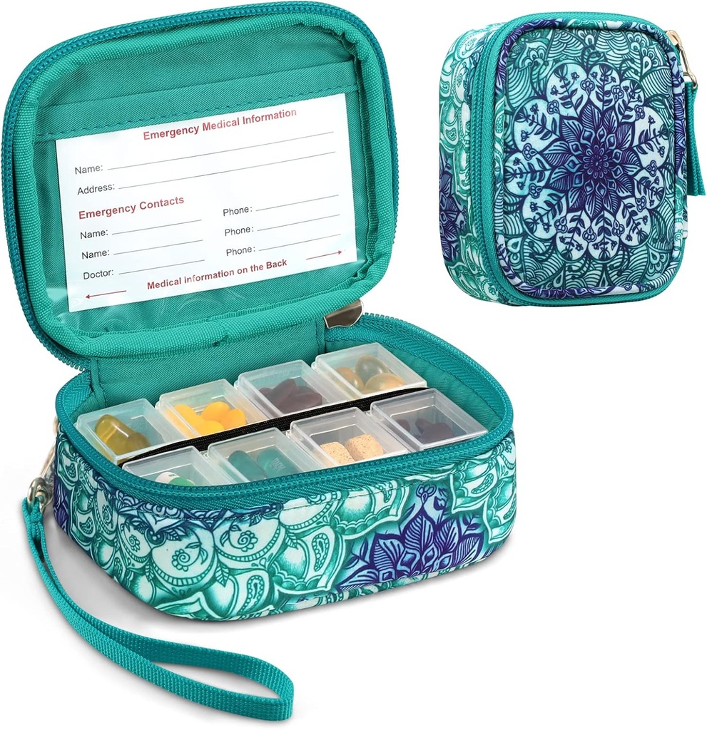 FINPAC tablete Organizatorji, 8 Kompartmaji potovalne tablete Primer za teden 7 dni Medication Care, Compact & Cute Medicine Vitamin Dispenser in imetniki (Emerald Ilusions)