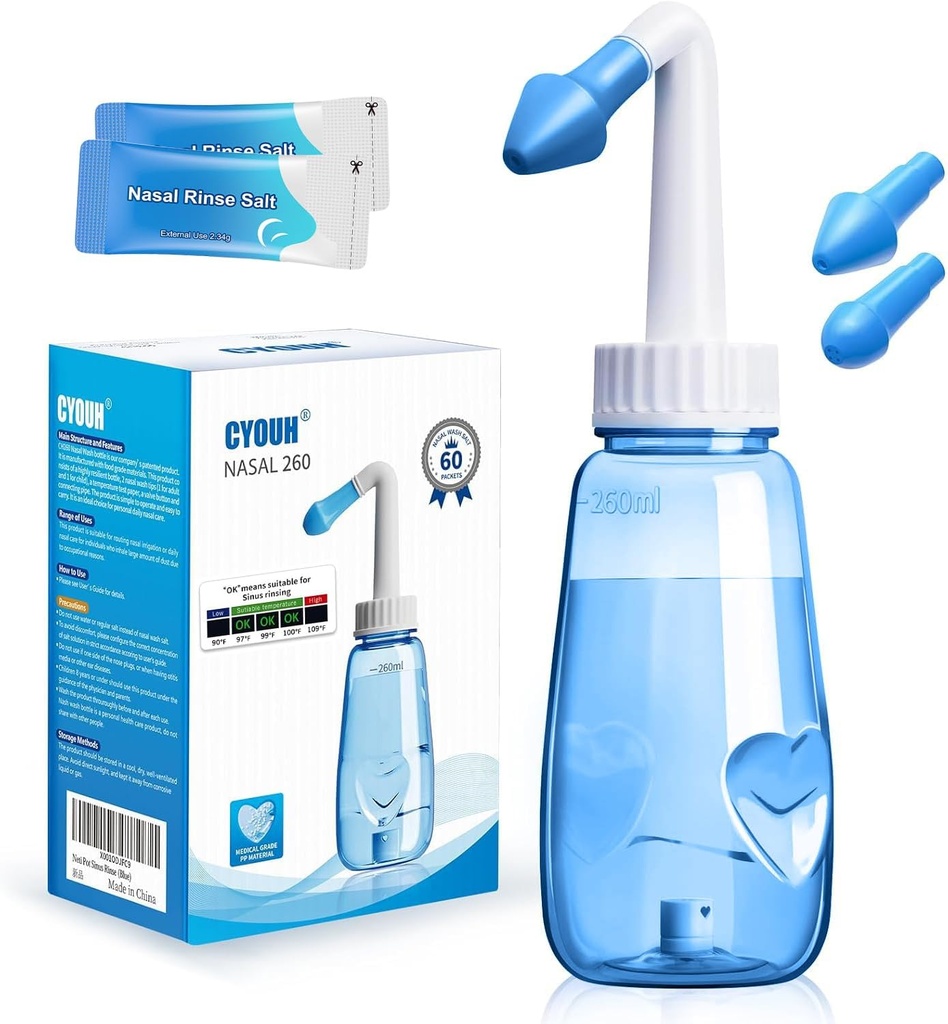 Neti Pot Sinus Rinse Steklenica 260 ML s 60 Nasal Wash Sol Packets in Nalepka Termometer Čiščenje nos Pranje Tlak Izpiranje nos namakanje za odrasle in otroka BPA brezplačno (modra)