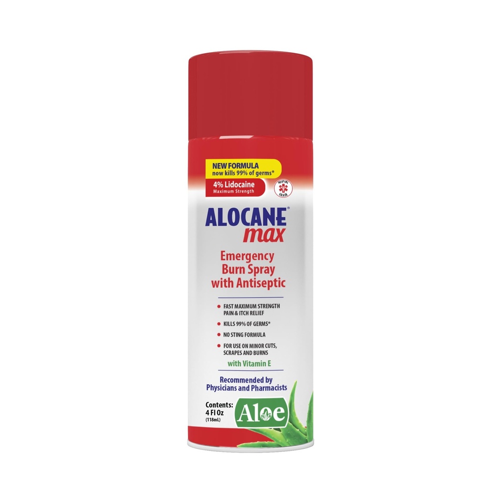 Alocane zasilni izgorevalni razpršilec, 4% Lidokain Max Jakost Hitra bolečina Srbečica Relief za manjše opekline, Sončne opekline, Kuhinja Prva pomoč zdravljenje Burn Care, 4 Fl Oz