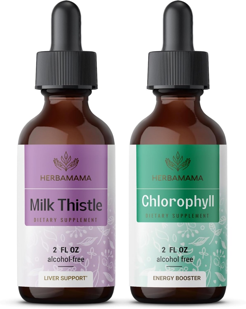 HERBAMAMA Zeliščne tekoče kapljice Kit - paket mleka Thistle Extract 2 fl oz in tekoči klorofil 2 fl oz - Vegan dodatek tekoči ekstrakt - ne GSO, sladkor in alkohol brez - 2 pakiranje