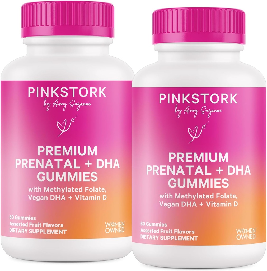 Pink Stork Premium Prednatal Gummy Vitamini z DHA, Folat, in vitamin D - 60 Vegan Gummies - 2 paket