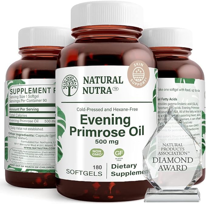 Natural Nutra Evening Primrose Oil Supplement from Maščobne kisline, Pomaga premagovati bolečine v telesu, Živčno zdravje, Spodbujanje zdravja in kožo Clarity, Pomaga zmanjšati prebavne motnje, 500 mg, 180 Softgel