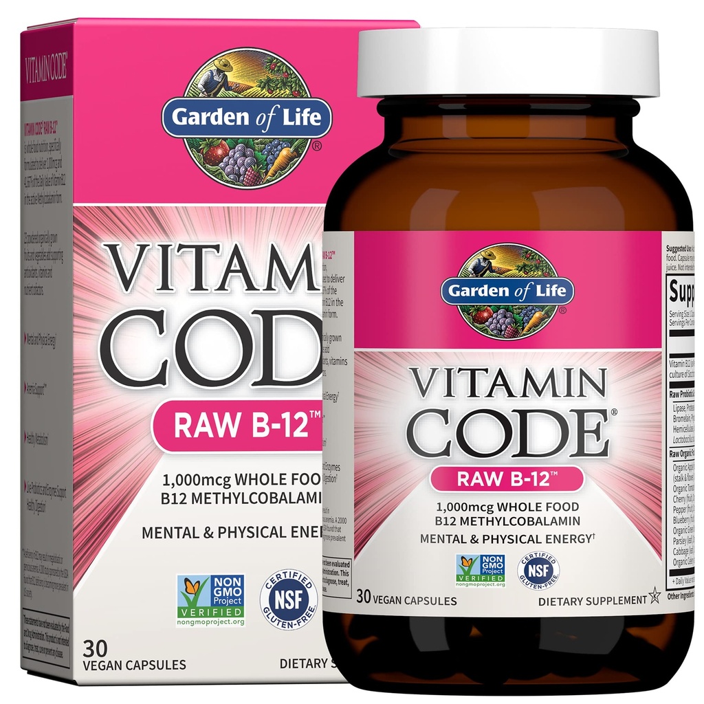 Vrt življenja Vitaminska koda Surove B-12-30 Kapsule, 1.000mcg Cela hrana B12 Metilkobalamin za energijo, Vegan Metilkobalamin Vitamin Plus Probiotiki in encimi, Gluten brez dodatkov