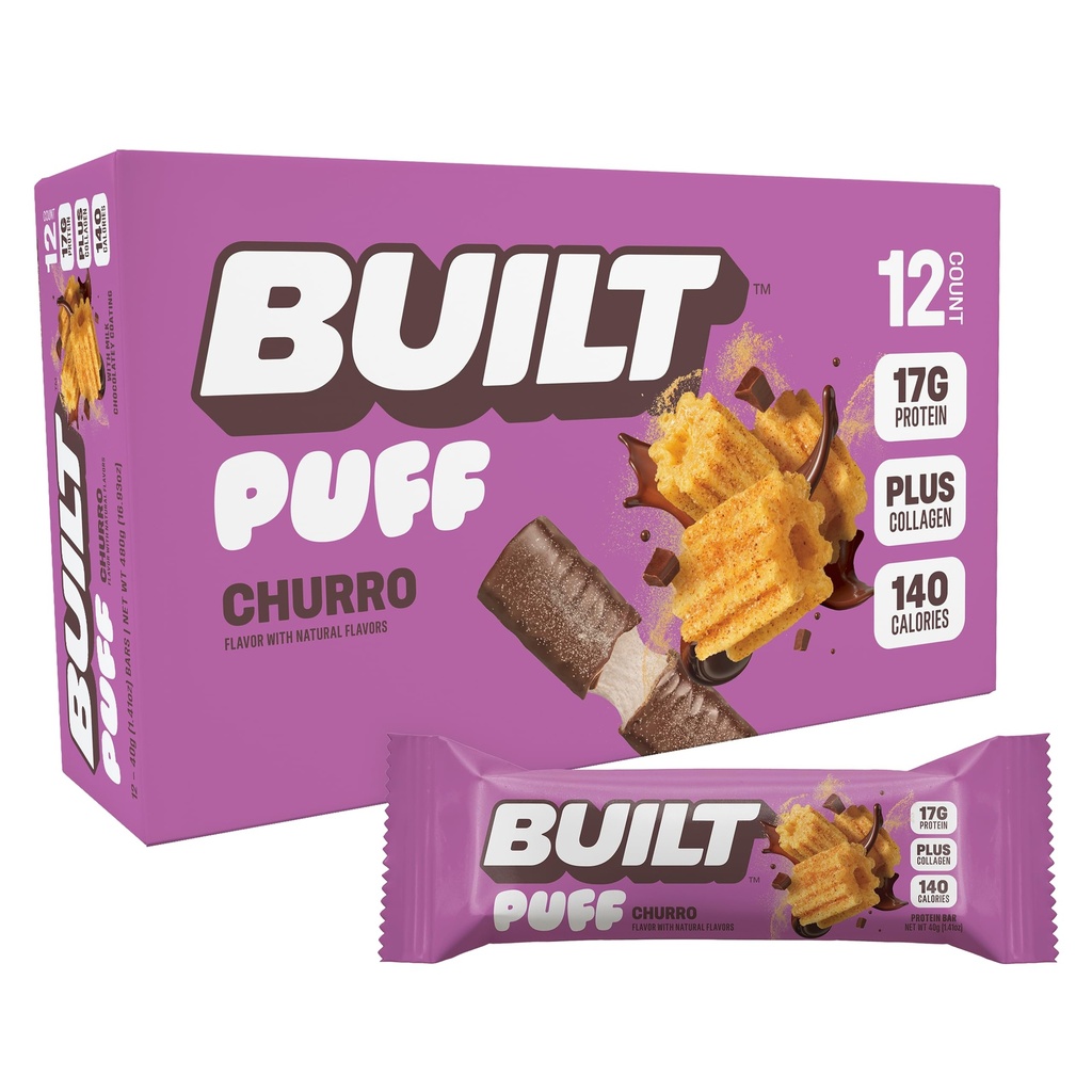 Zgrajena bar, Puff Protein Bars, Churro Puff, 17g prigrizki beljakovin, On-The-Go Bars, samo 140 kalorij & 6g sladkor, Colagen, Gluten brezplačno, 12 Število