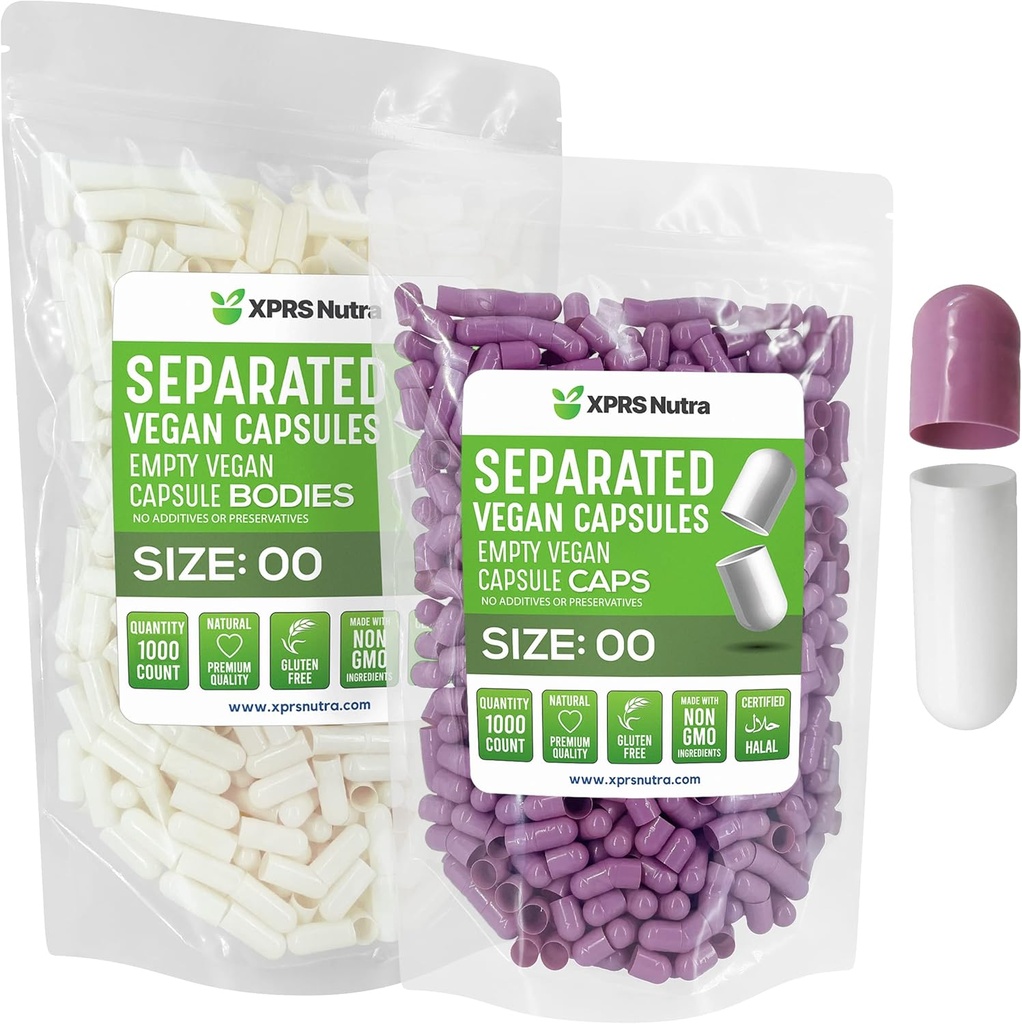 XPRS Nutra Vegan Velikost 00 Ločene kapsule - 1000 Premium prazne kapsule Ločene v vrečah - 00 Tablete Prazne za polnjenje (Lavender/White)