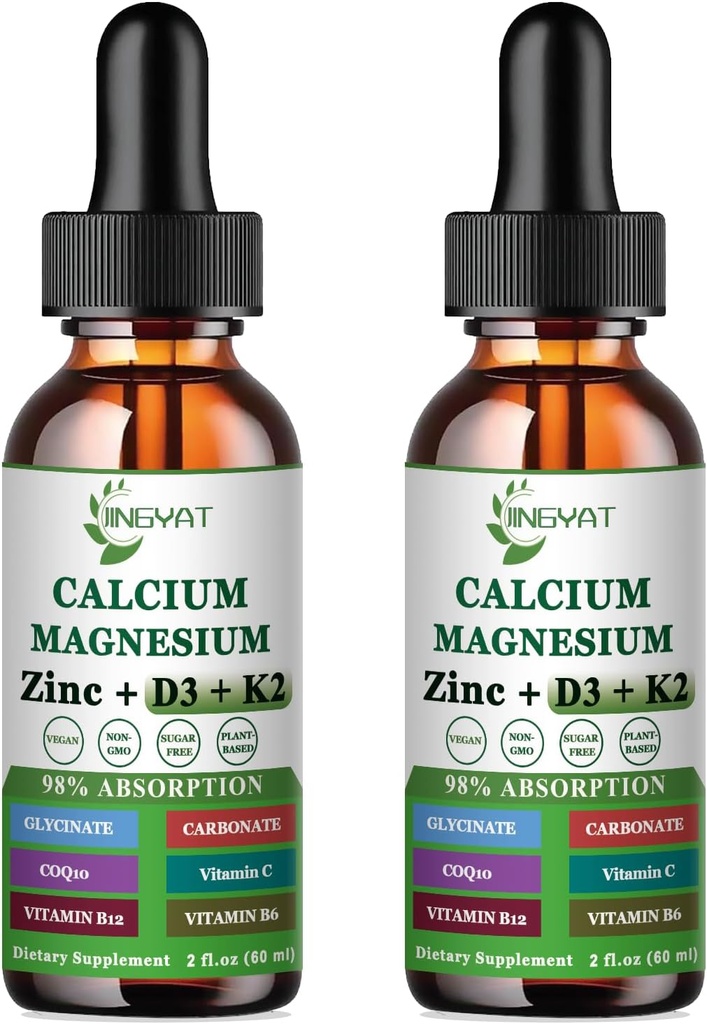 Tekoče kapljice kalcijevega magnezijevega cinka, tekoči magnezijev glicinat 500 mg kalcij 1000 mg z vitaminom D3,K2,B6,B12,Coq10,6X močnejši od kapsul (2 pakiranji)