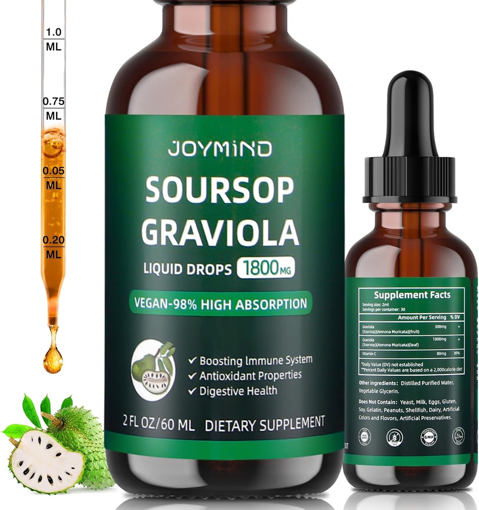 Graviola Soursop Leaf Extract Liquid - Soursop Bitters tekoči, Imuno Boost, Relax, Jetra in spanje, Vegan, sladkor & Gluten, 98% Absorpcija, naravna aroma, 2 mesec dobava 60ML