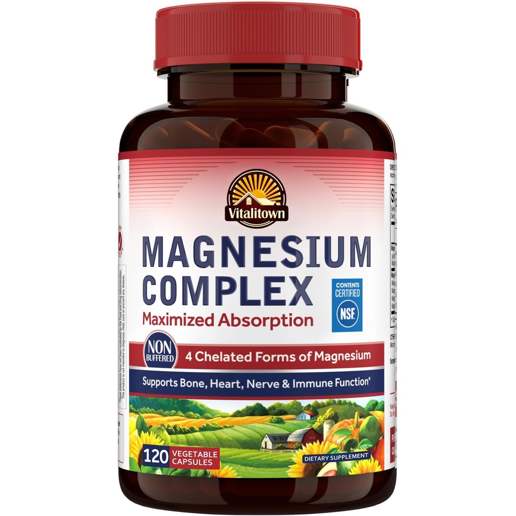 Vitalitown Magnezijev kompleks Dodatek 500mg - NSF Certified Magnezijev Glycinat, Malate, Taurat & Citrat - Chelllirana visoka absorpcija in nežna na želodcu - Vegan Ne-GMO 120 kapsul