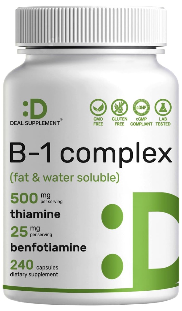 DEAL DOPOLNILO Vitamin B1 500mg z benfotiaminom, 240 Kapsule – 2 v 1 Izboljšana formula – Maščoba in voda Topen Tiamin B1 Dodatek – Tretja stranka Tested, No-GMO, No Gluten