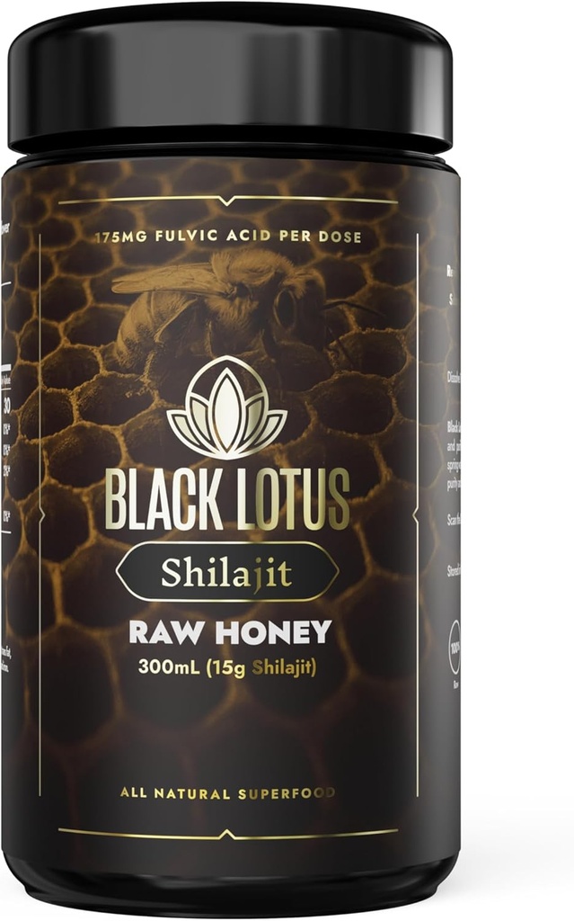 Črni lotus Pure Shilajit Surovi med Liquid Tinkture, 300ml, 100% Pure Natural Shilajit za moške in ženske, Aminokisline, 175mg Fulvic kislina, 85 Ionic Trace minerali, Za imuno podporo, Fokus, Energija