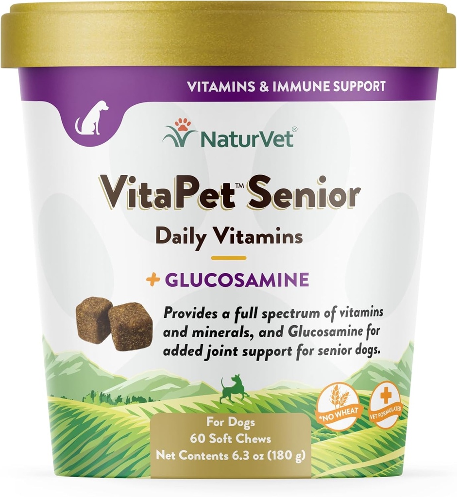 NaturVet VitaPet Senior Daily Vitamins Plus Glukozamin za pse, 60 ct Soft Chews, Izdelano v ZDA z globalno izvornih sestavin