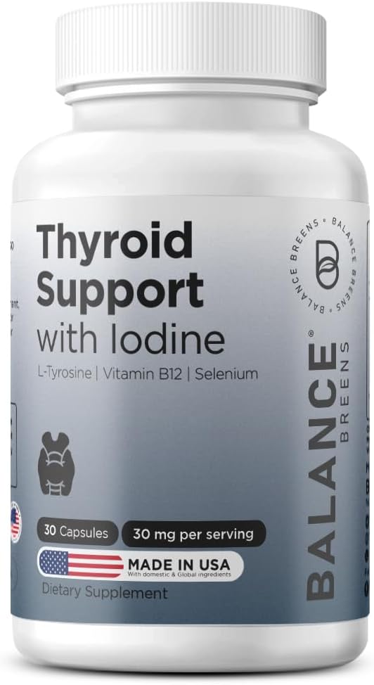 Balancebreens Podporni dodatek za ščitnice z jodom, L-tirozinom, vitaminom B12 in selenom, 30 Veg Kapsule - Energy, Presnova in Fokus Podpora