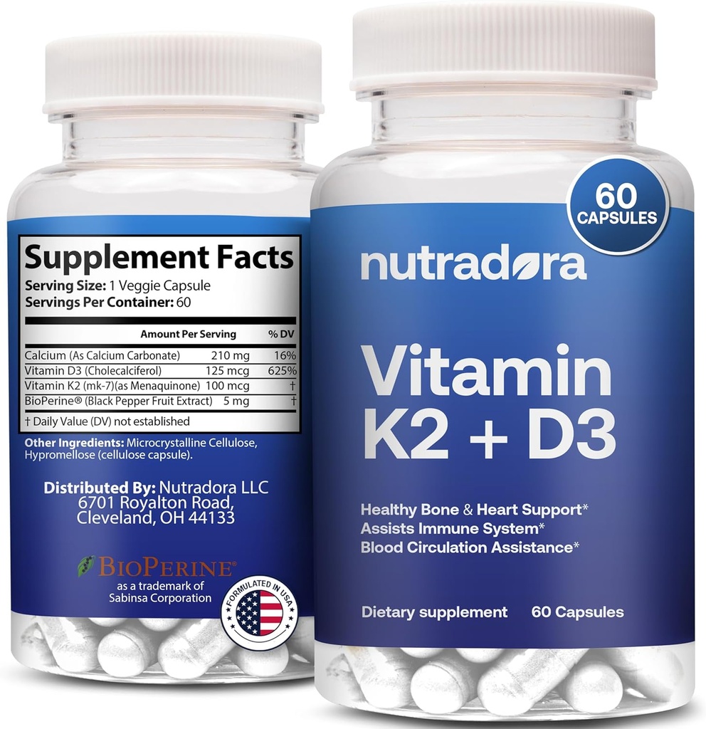Vitamin D3 K2 Kapsule za moške in ženske - K2 D3 Vitaminski dodatek za zdravo srce in podporo kosti, Imunski sistem in pomoč pri krvnem obtoku, oblikovan v ZDA, 60 Veggie kapsule