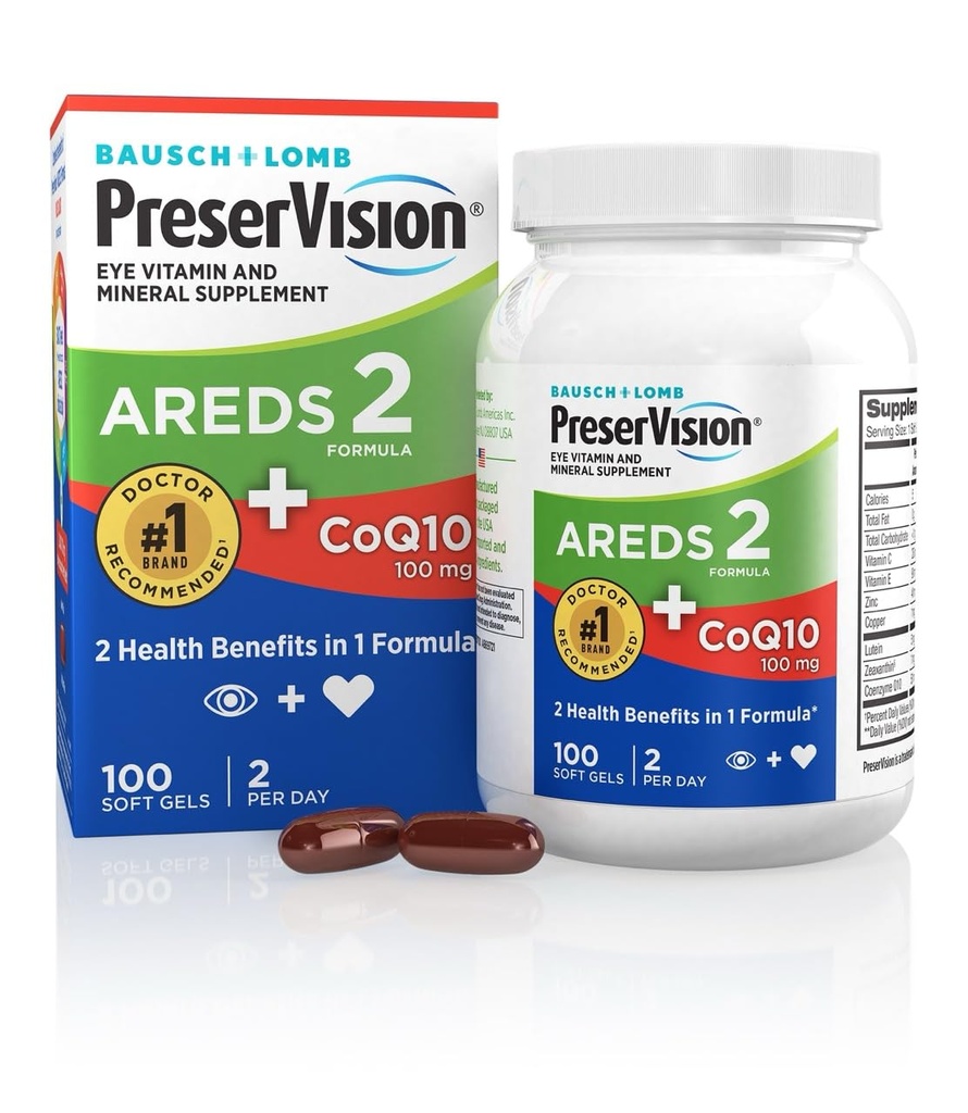 PreserVision AREDS 2 Eye Vitamini z CoQ10 za zdravje srca, #1 Eye Doctor Priporočeno Blagovna znamka, Lutein in Zeaksantin Dodatek z vitaminom C & E, cink, in baker, 100 Softgels