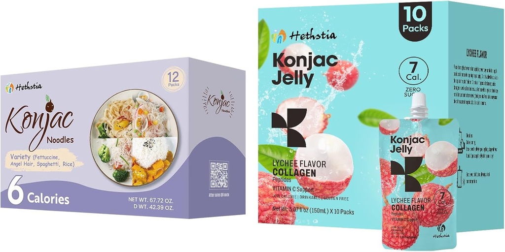 Hethstia Konjac Jelly Lychee Flavor z Collagen Peptides 10 Packs in Konjac Noodles Variety Gluten Prosti 12 Packs Low Calorie, Keto, Sladkor brez, Zdrava hrana