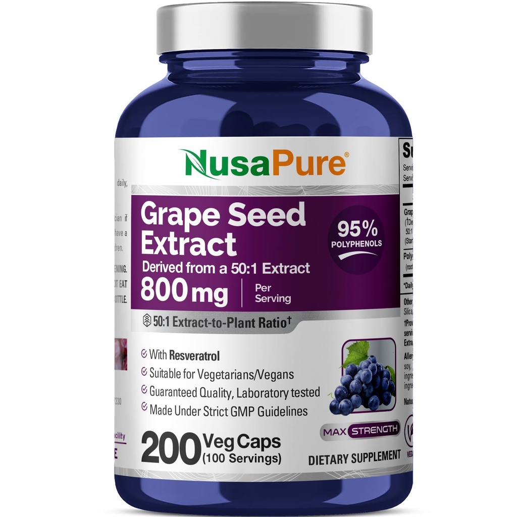 NusaPure grozdni izvleček 40.000 mg na kapice, 200 veganskih kapsul, standardiziranih, brez glutena, resveratrol