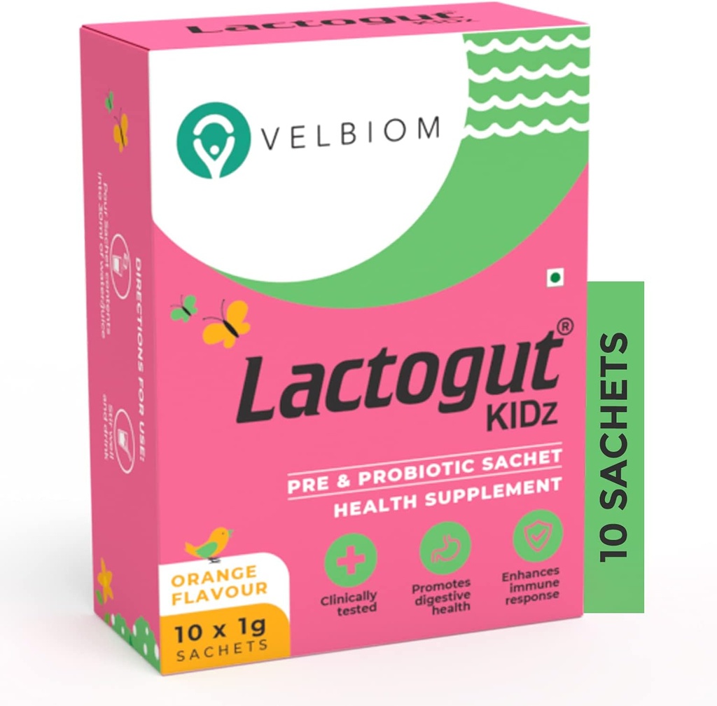 Laktogut Kidz probiotiki Prašek za otroke Enostavno za uživanje Probiotiki za otroke Gut zdravje, splošno Wellness in Immunity Vegan klinično dokazano - 1Gx10 vrečke (oranžna aroma)