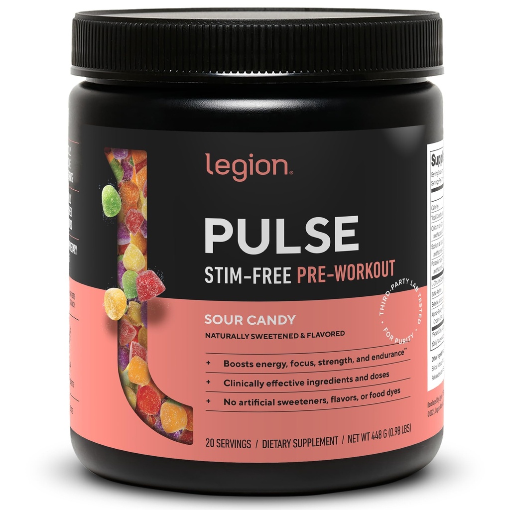 LEGION Pulse Pre Workout dodatek - Vse naravne dušikov oksid Preworkout pijača za povečanje energije, Kreatin brezplačno, naravno sladkana, Beta Alanin, Citrulin, Alpha GPC (Kaffeine Free Sour Candy)