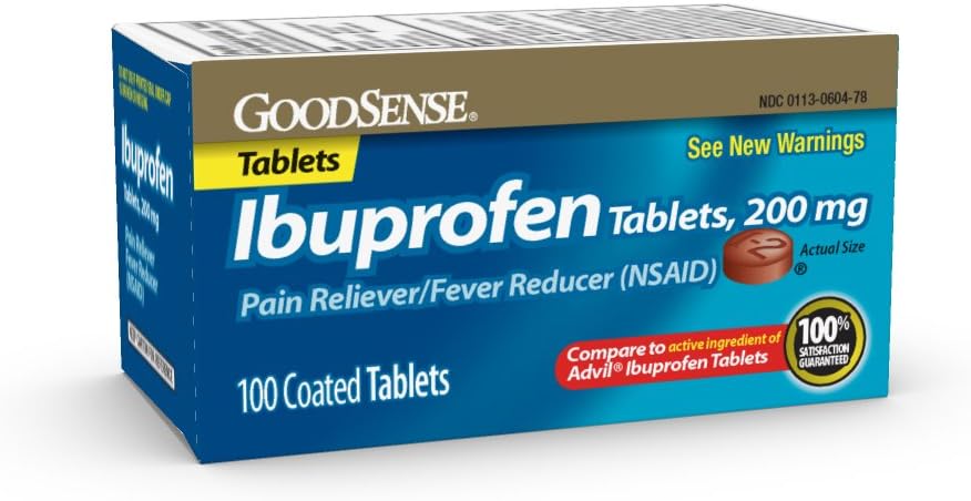 GoodSense 200 mg tablete ibuprofena, zmanjšanje zvišane telesne temperature in lajšanje bolečin zaradi telesnih bolečin, glavobola, bolečine artritisa in več, 100 število