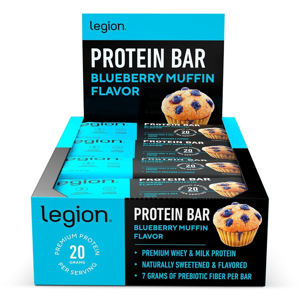 Legion Protein Bar Blueberry Muffin - 100% Whey Protein, Soy Free Protein Bars s prebiotično Fiber - Nizko maščobno zdravo beljakovinsko čokoladico - Gluten Free, naravno arome, Nizko sladkornih proteinov Bars (12 Count)