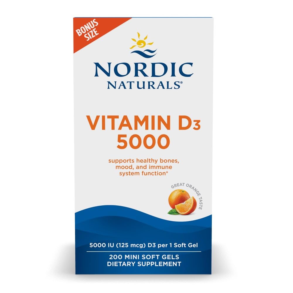 Nordic Naturals Vitamin D3 5000, Orange - 200 Mini Soft Gels - Podpora za zdrave kosti, Mood, & Imunski sistem - Vegetarian - Non-GMO - 200 Serving