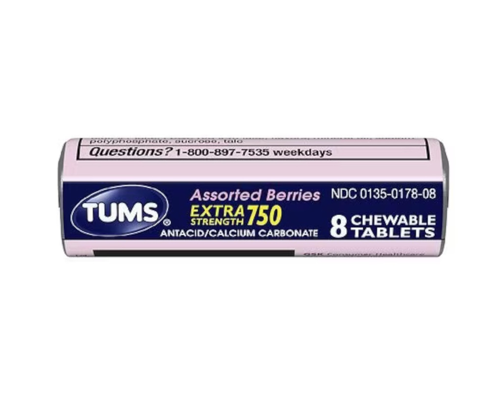 Tums Dodatna moč 750 Antacid s kalcij dopolnilo kalcij bogati sortirani jagode arome - 24 Žepna velikost zvitki 8 žvečljive tablete vsak zvitek (192 žvečljive tablete skupaj)
