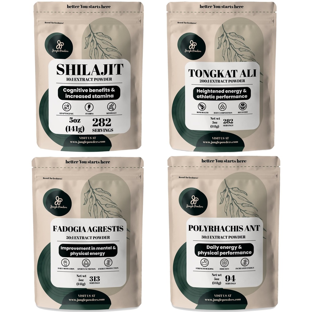 Jungle Powders Zeliščni praški Bundel - Shilajit Powder, Tongkat Ali za moške Powder, Black Ant Extract Powder, Fadogia Agrestis Extract za moške dodatek