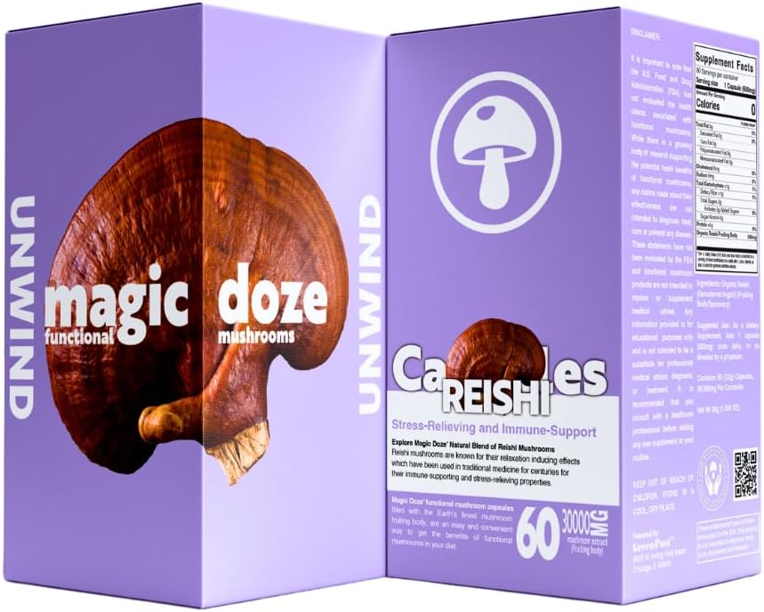Magic DozeTM Reishi Gobe Dopolnilne kapsule - 60 Število, Odvijanje, Zeliščni dodatek, Stress Relief, Imunska podpora, Vegan, Organski Reishi Sestavina