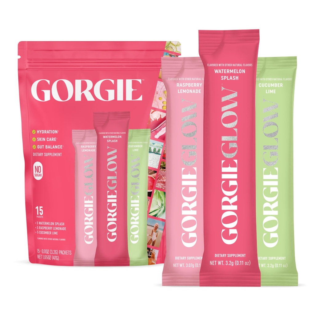 GORGIE Glow Variety Pack 15 Pack, Elektrolit v prahu Zdrava pijača Mix, w/Hyaluronska kislina, Aquamin, Vitamin C & D, Probiotiki, Brez sladkorja, Antioksidanti za hidracijo, nego kože, in Gut Balance