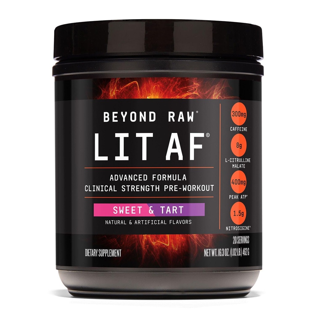 BEYOND RAW LIT Advanced Pre Workout Formula, Sweet in Tart, za energijo, fokus, vzdržljivost, črpalke, s 300mg hitro in ciljno sproščanje kofeina, Kreatine, Betaine, Beta Alanine, Taurine, 20 Servings