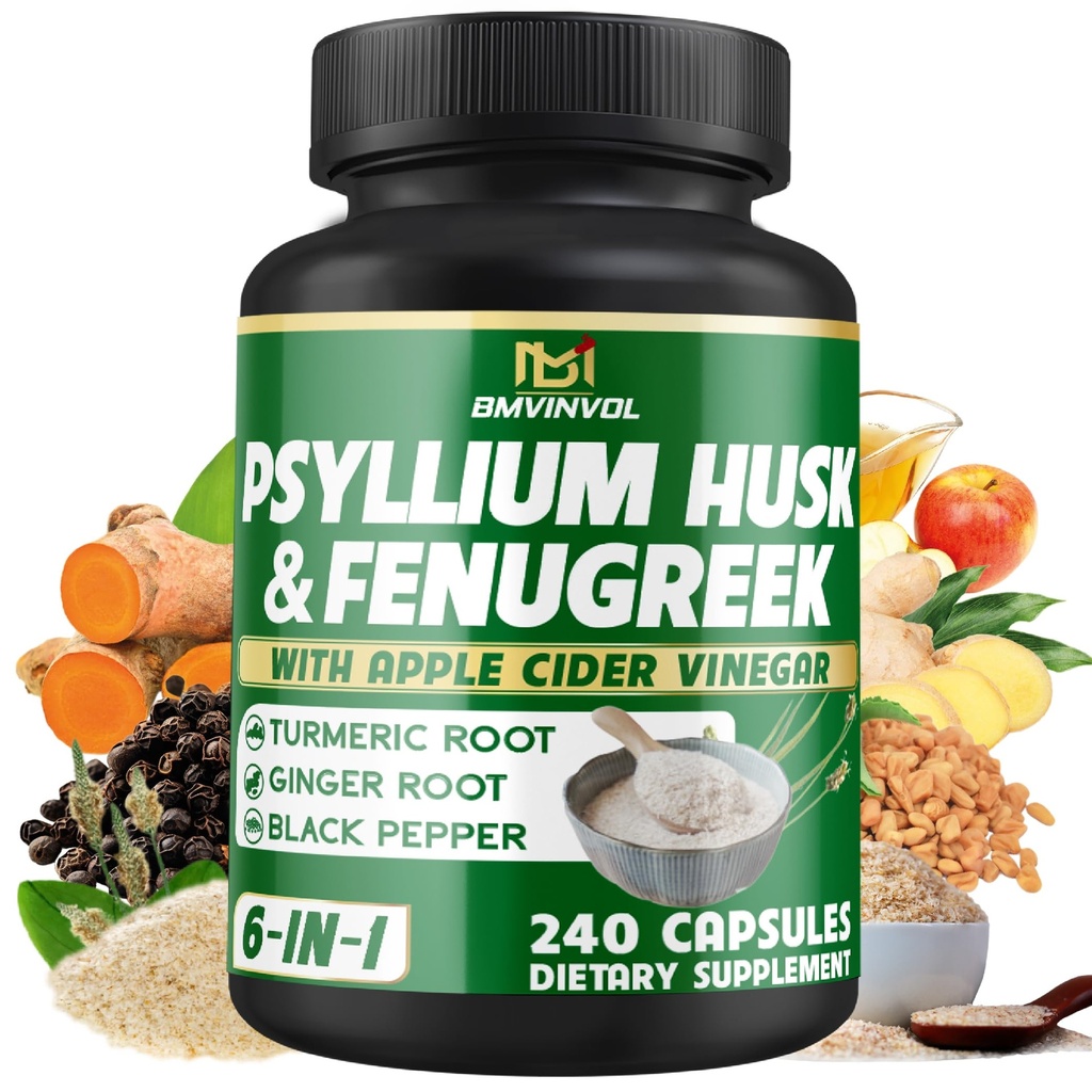 BMVINVOL Psyllium Husk Fiber dodatek s Fenugreek, Apple Cider kis, Kurkuma, Ingver, Črna Pepper- Digestion Health Support - 240 Kapsule