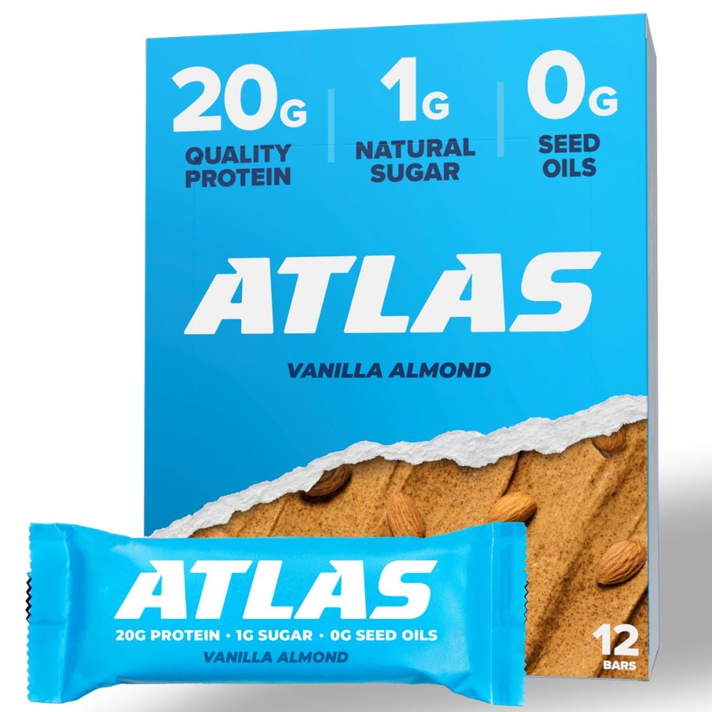 Atlas Protein Bar, 20g beljakovine, 1g sladkor, čiste sestavine, brez glutena, Vanilla mandljev (12 števec, pakiranje po 1)