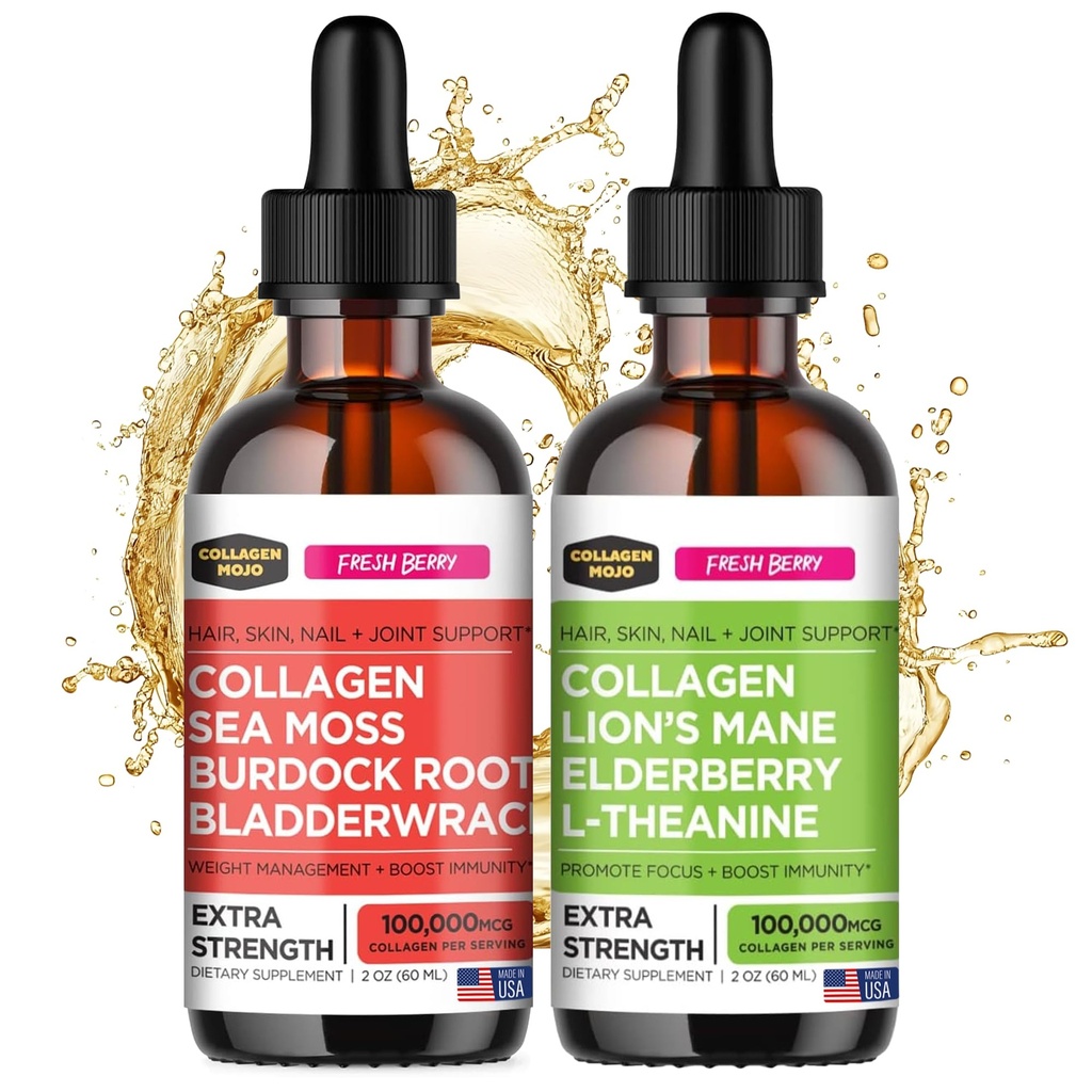 Kolagen Mojo Tekoči kolagen Peptidi z morskim mossom, korenom in bleskom Burdock + tekoči kolagen Peptidi z gobami iz grive, bezgove jagode in L-teanine
