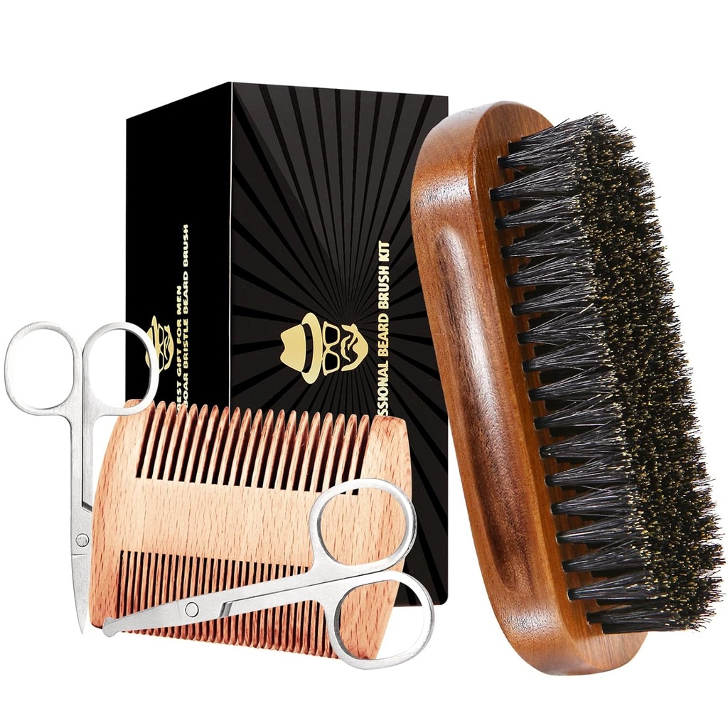 Brada krtača za moške, Boar Brist Black Walnut Wood Brada in Mustaches Grooming Set Vključno Pure Boar Bristle Brada Brush, Brada Comb, Mustache škarje, in potovalna vreča
