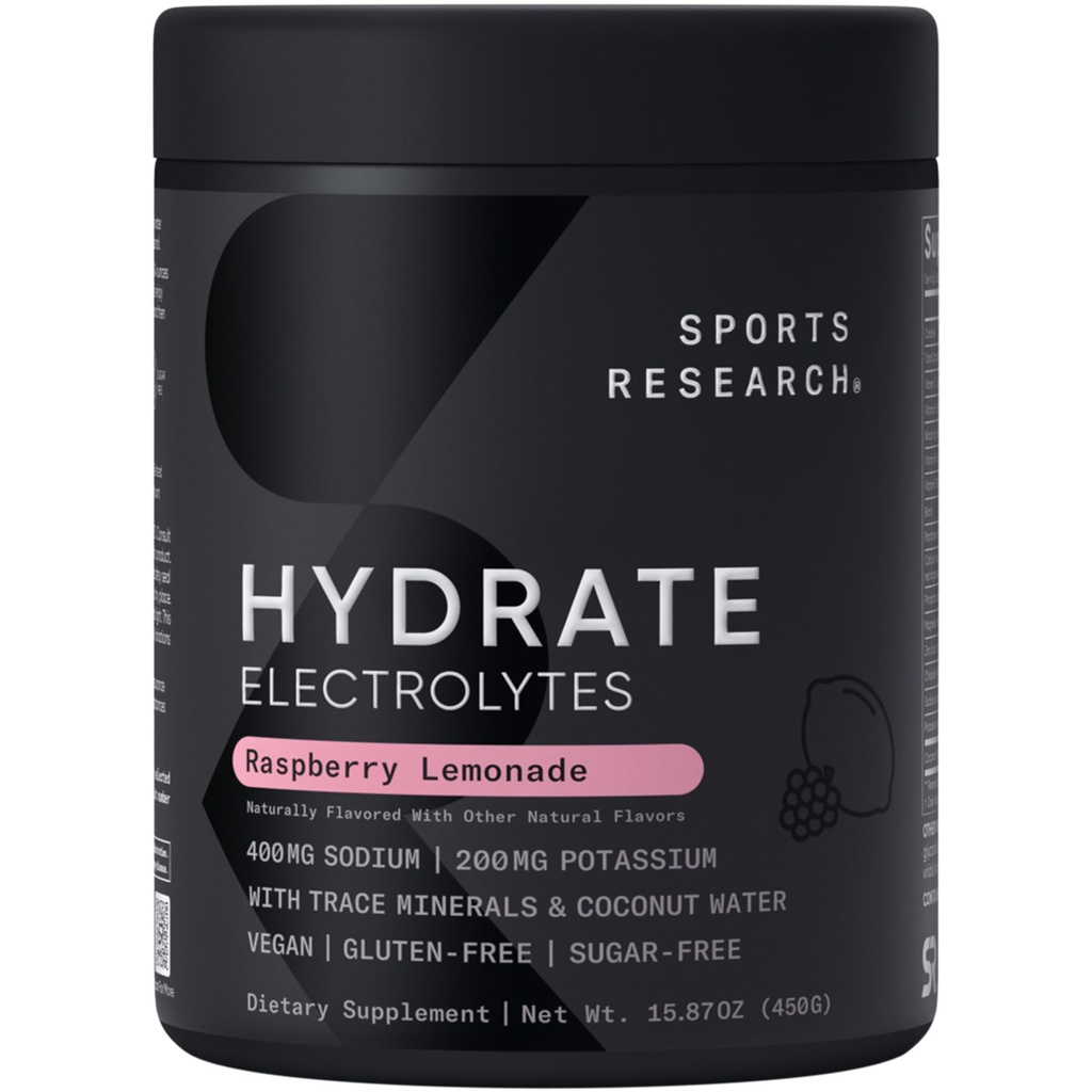 Sports Research® Hydrate Electrolytes Powder - Sugar-free & Seveda arome z vitamini, minerali, in kokos vode - Podpira Hidracija - Raspberry Limonade - 90 Serving