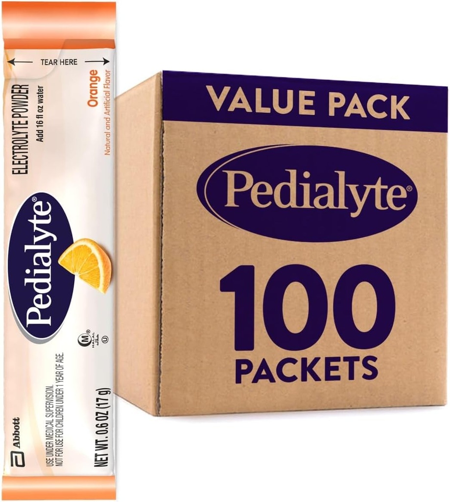 Pedialit Elektrolitski paketi v prahu, oranžni, hidracijski napitek, 100 enoslojni paketi v prahu